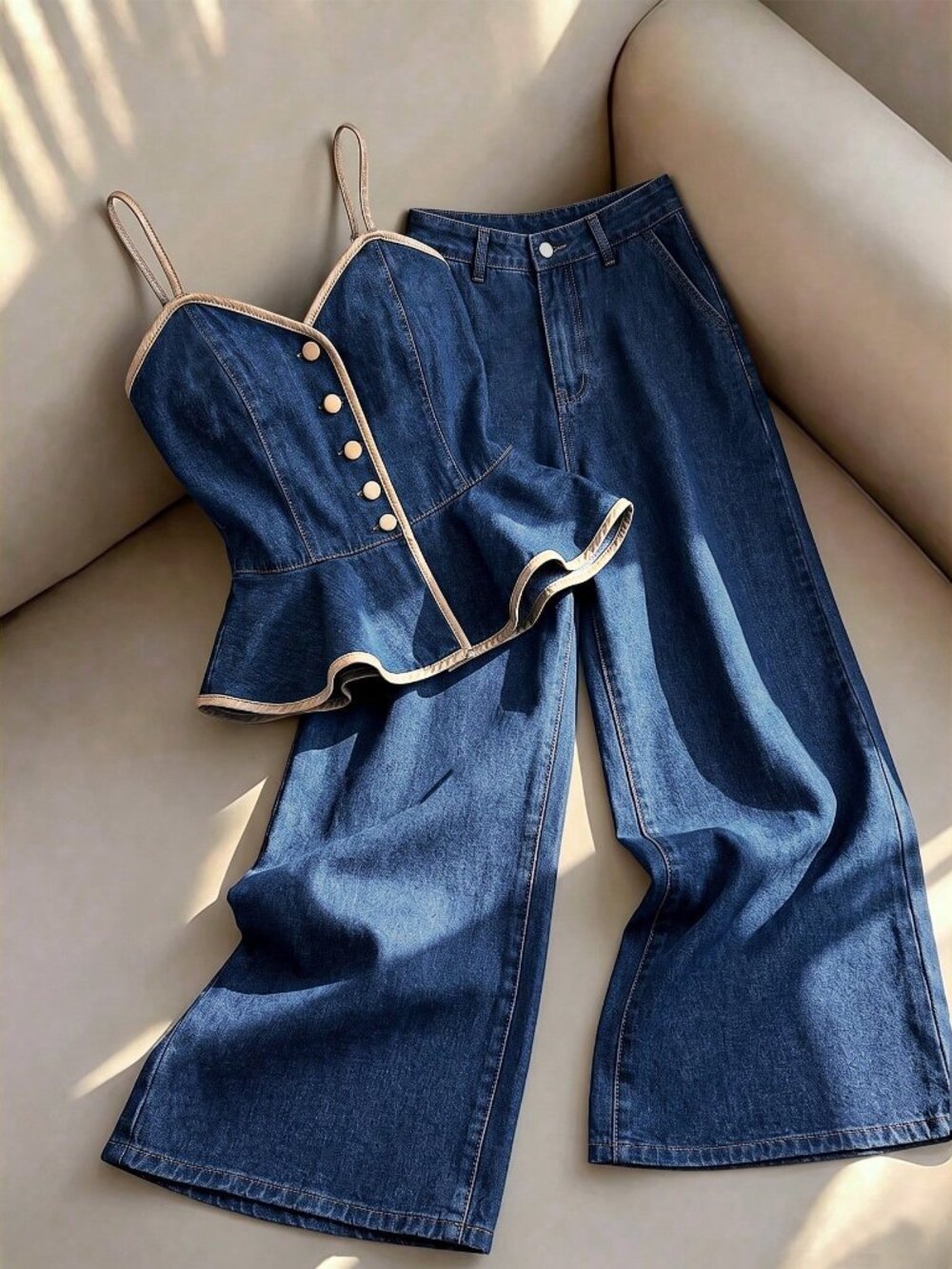 Blue Casual Women's Piped Single-Breasted Camisole Top And Wide Leg Jeans Set